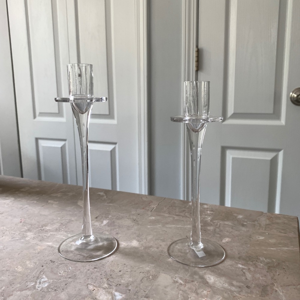 International Silver Company Clear Glass Candlestick‎ Holders Set of 2 10.5 Inch